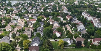 Aerial view of residential neighborhoods and green spaces