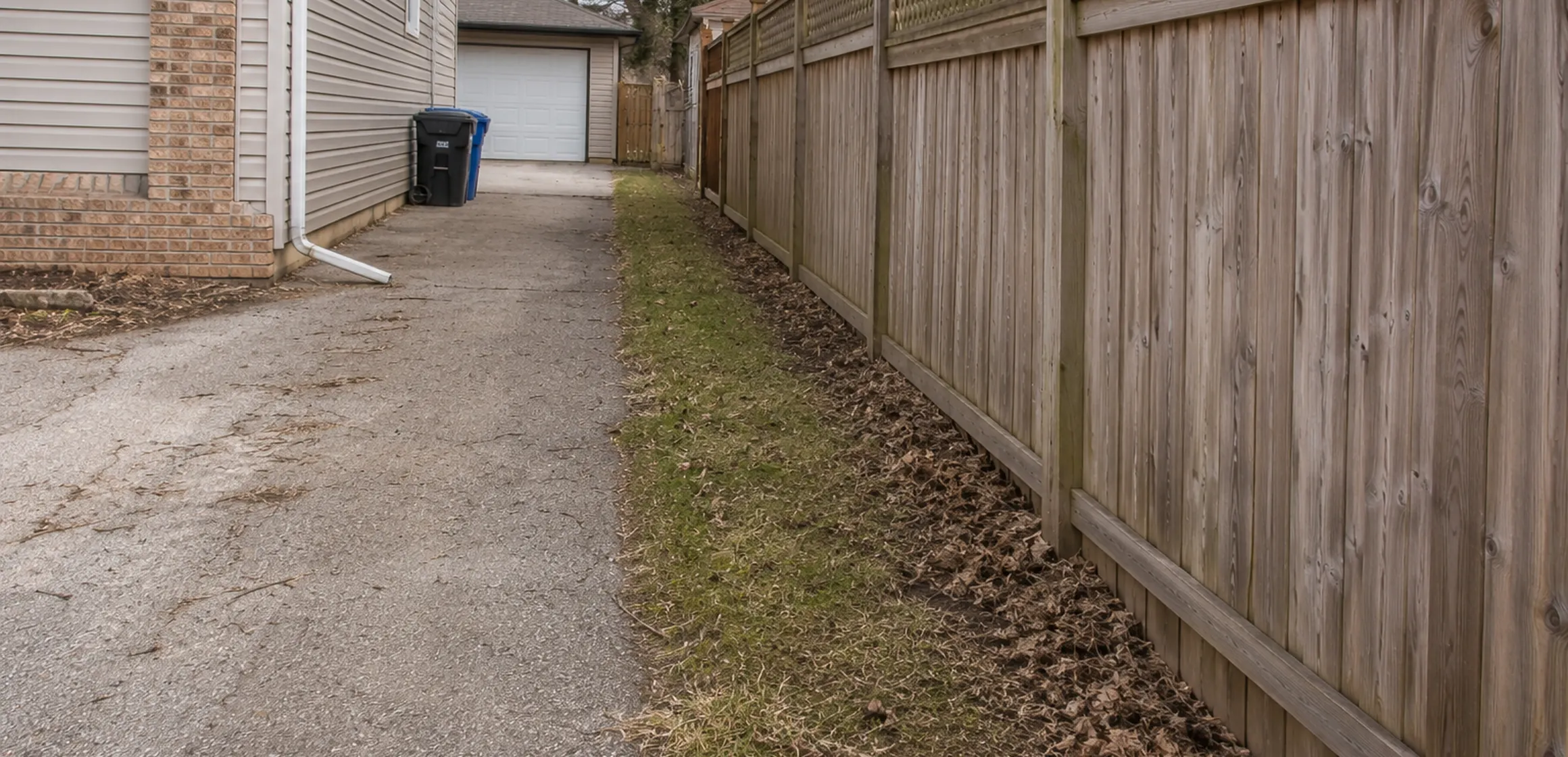 Wooden fence along a residential lot line with mature trees