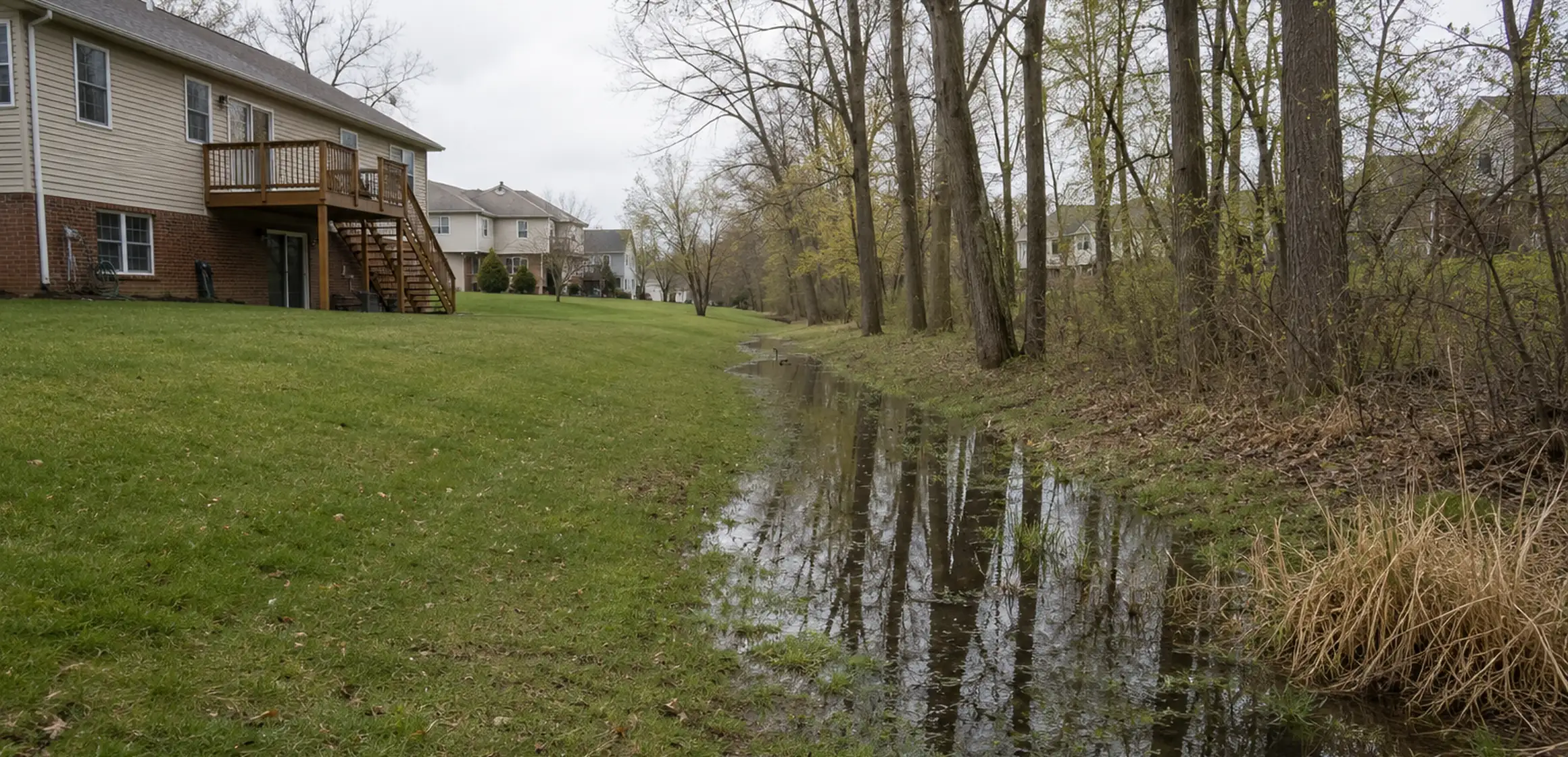 Brick ranch house with sloped yard and driveway after spring rainfall