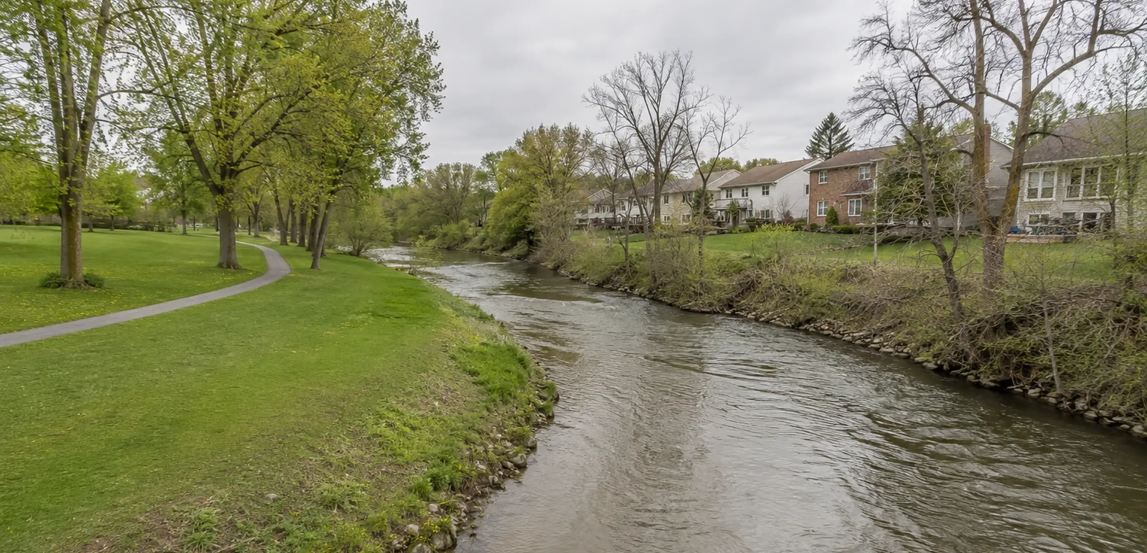 Low-lying residential lot with drainage swale beside a paved street