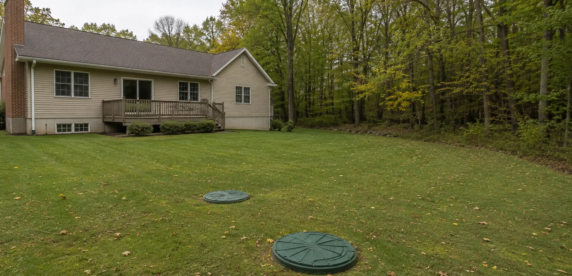 Septic tank access riser and drain field in a grassy backyard