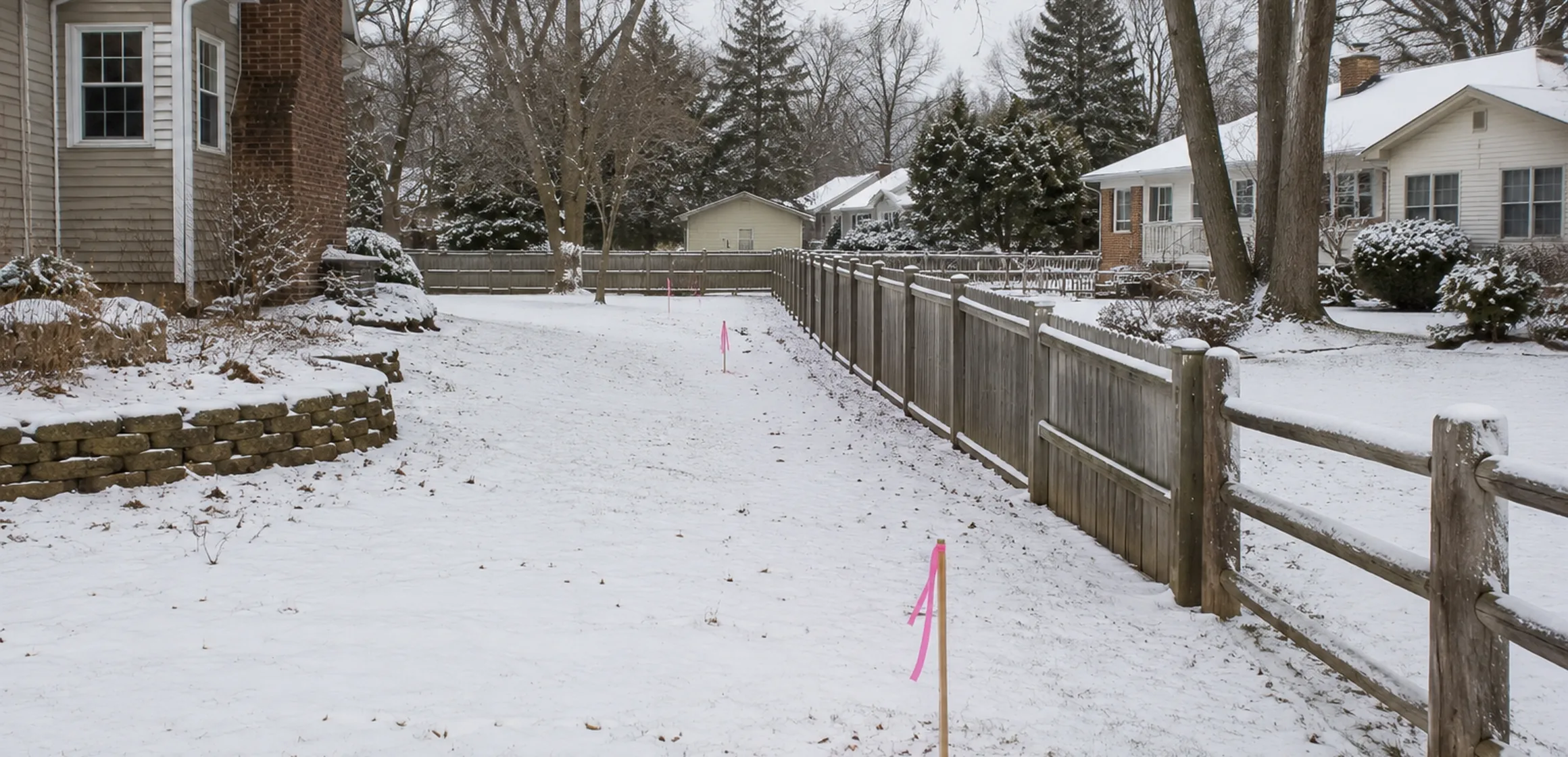 Survey marker and property corner stake at a residential lot edge