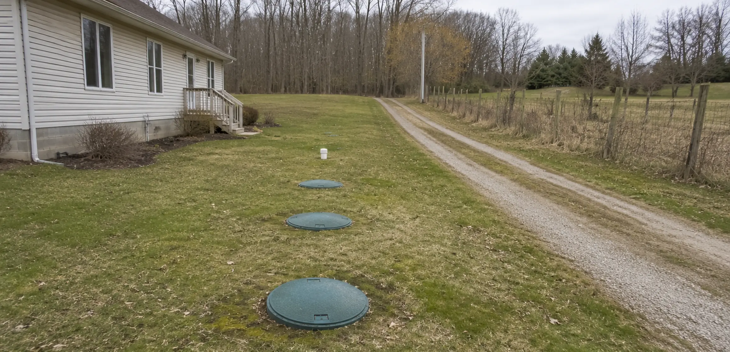 Rural home backyard with a septic tank access cover and mature trees