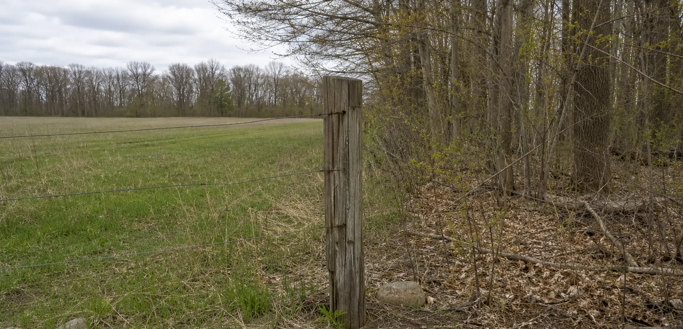 Wooden stakes and pink survey flags marking a residential lot line