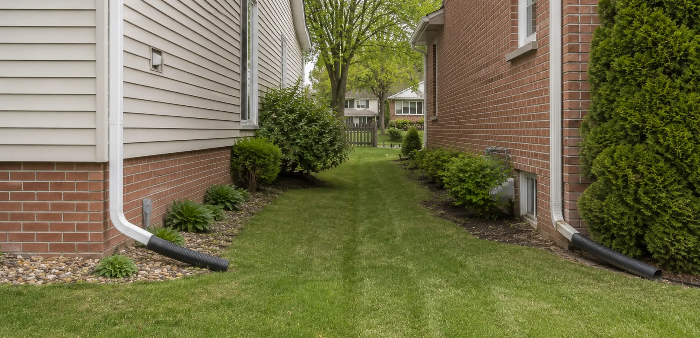 Survey stakes and orange flagging marking the edge of a residential lot