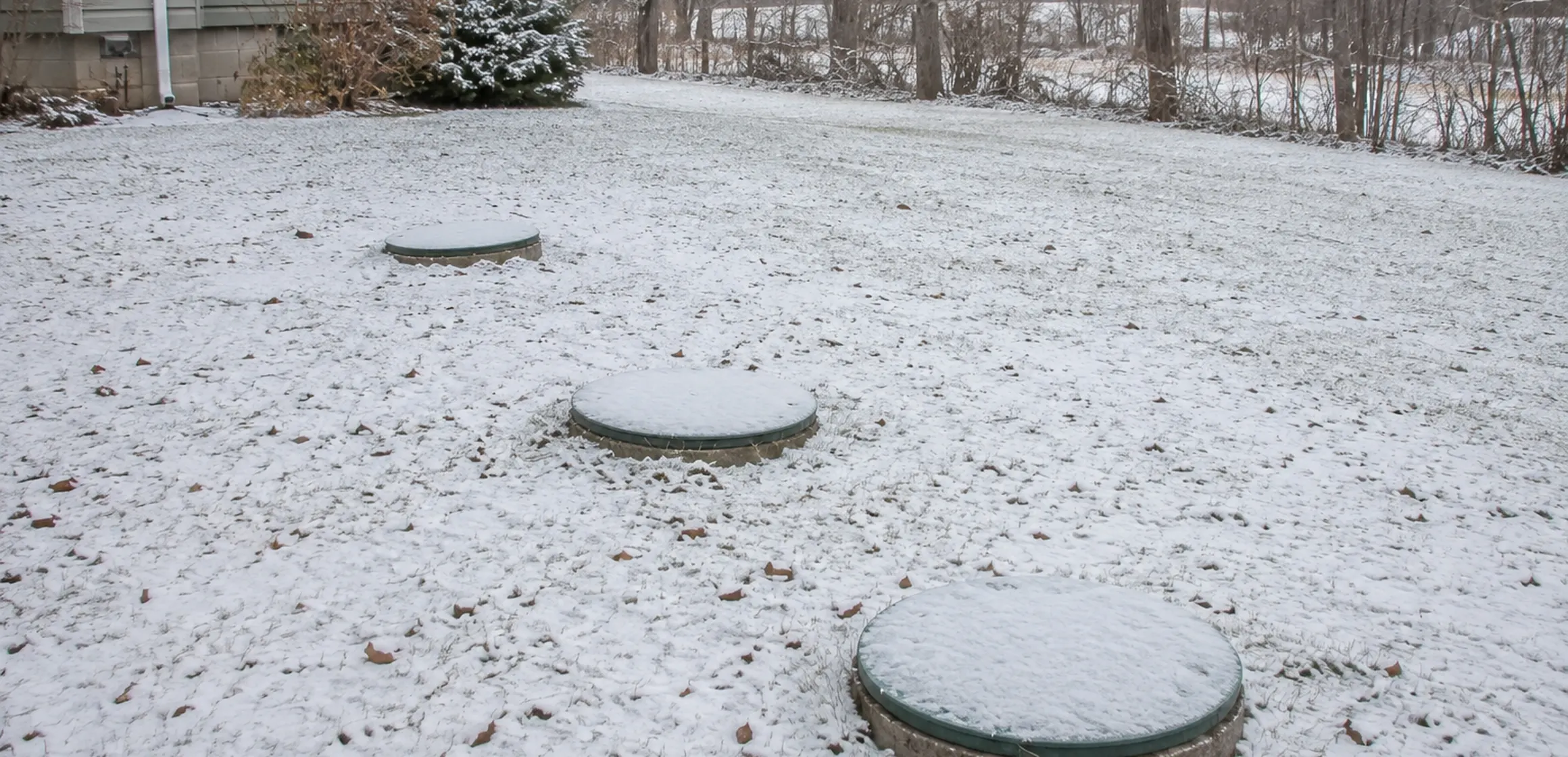 Concrete septic tank access riser and lid in a grassy residential side yard
