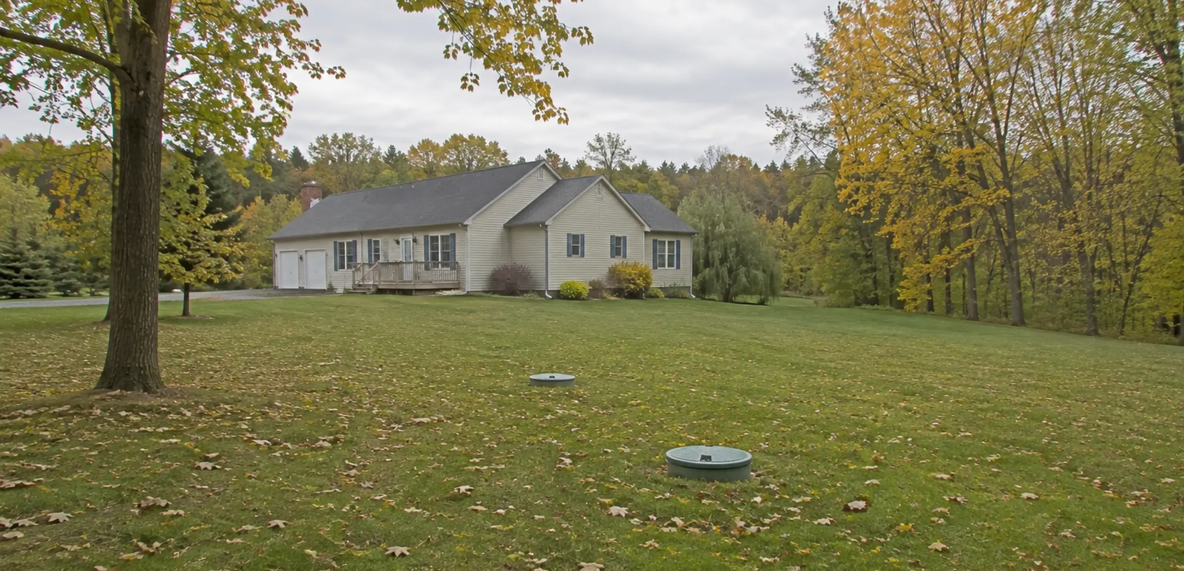 Washtenaw County home with grassy yard showing septic drain field mound and utility access cover