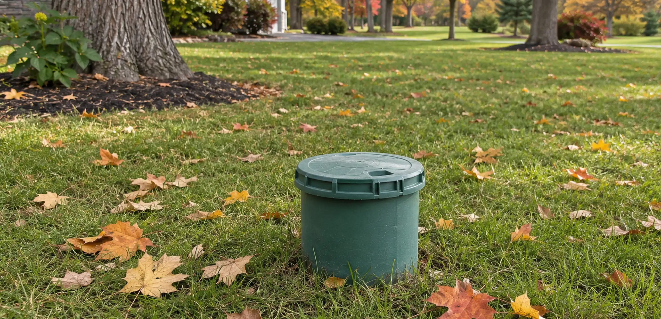 Concrete septic tank risers and access cover in a grassy residential side yard