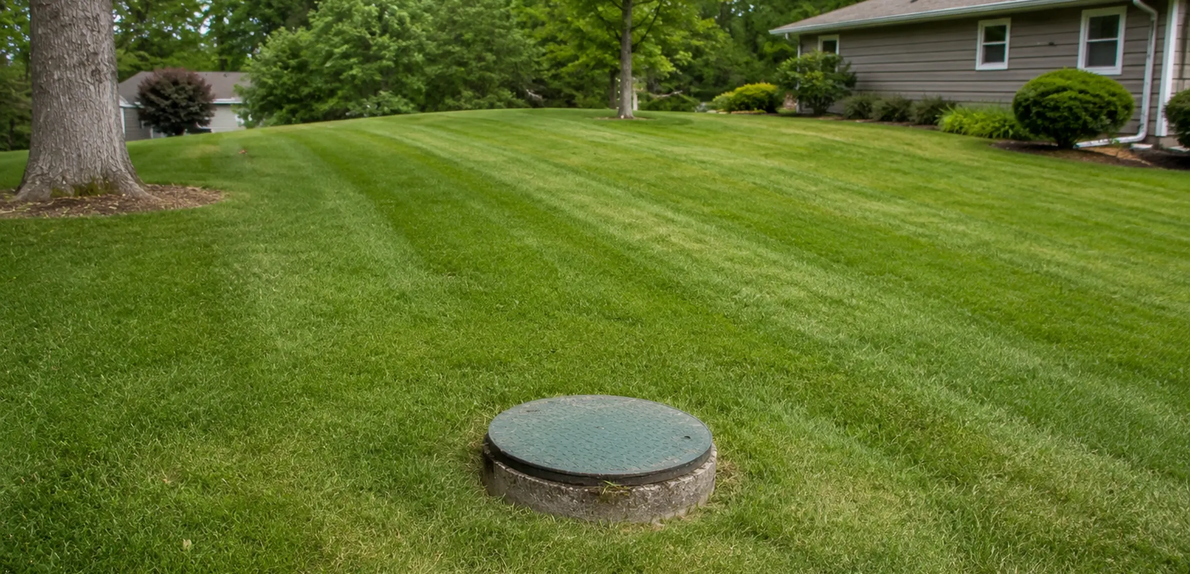 Concrete septic tank access riser and disturbed soil in a residential backyard