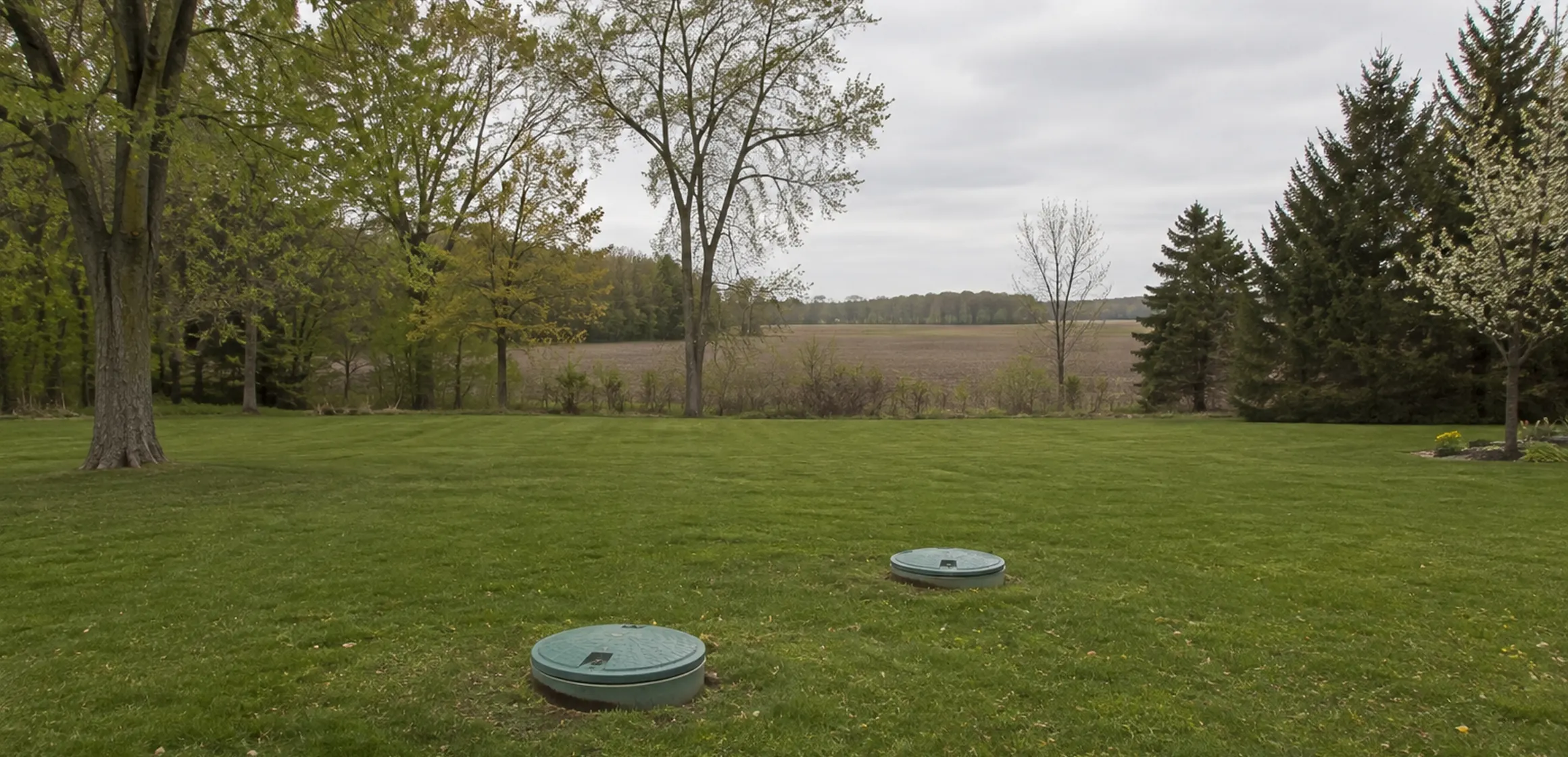 Concrete septic tank access cover in a grassy residential side yard