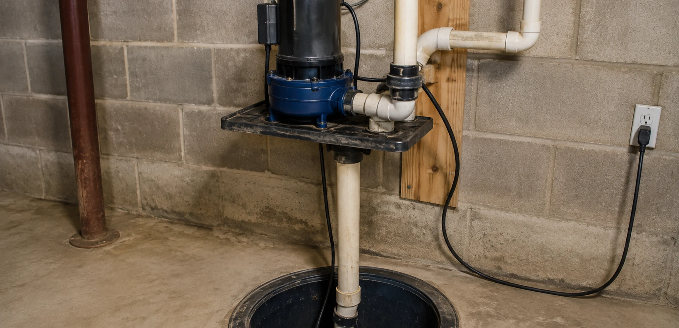 Submersible sump pump and discharge pipe in a basement sump pit