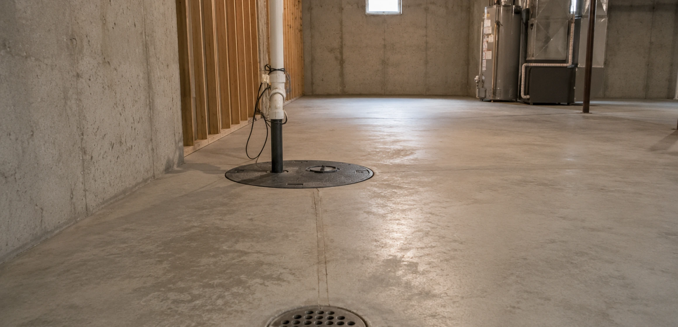 Sump pit and discharge pipe in a block-foundation basement