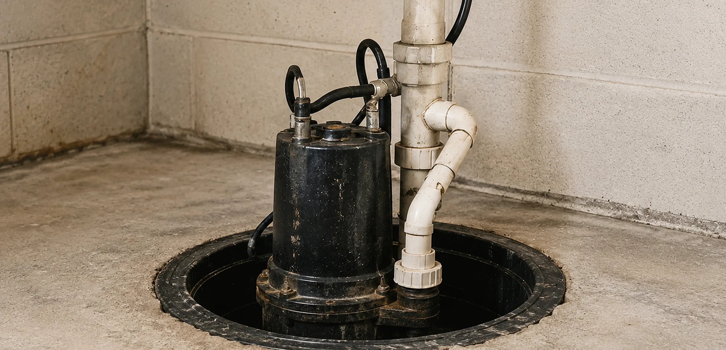 Submersible sump pump and discharge pipe in a basement sump pit