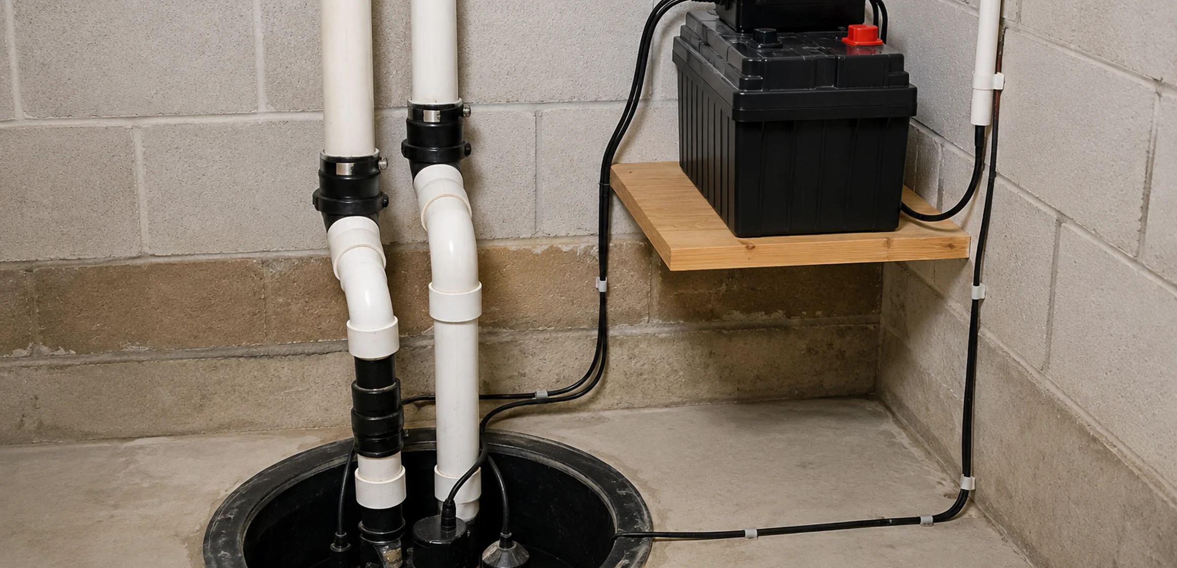 Basement sump pit with submersible pump and PVC discharge line