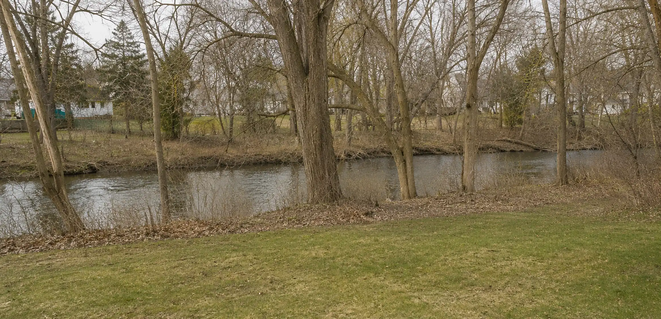A river channel at normal level behind residential back yards in Washtenaw County