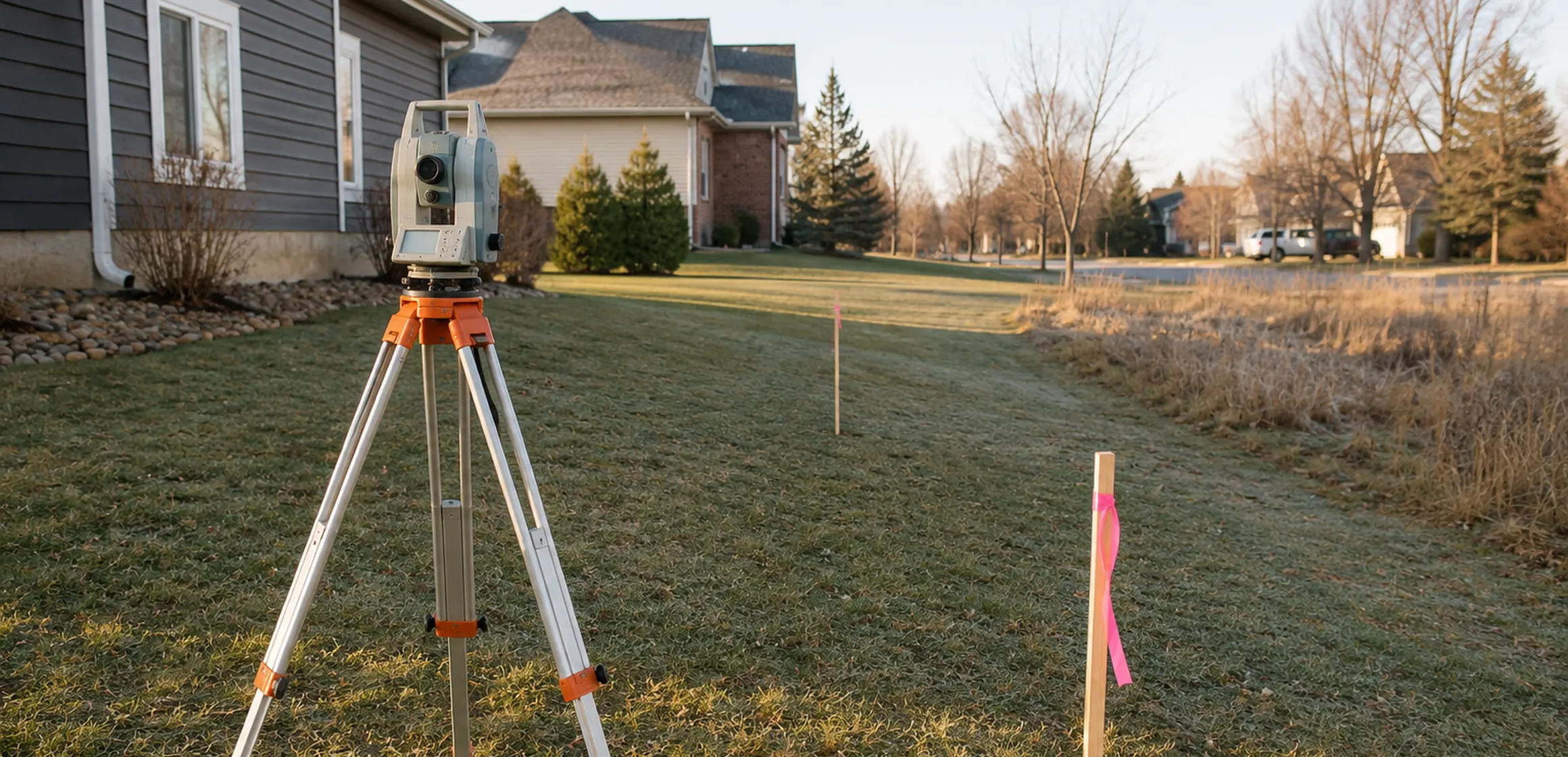 A professional surveyor measuring a residential parcel