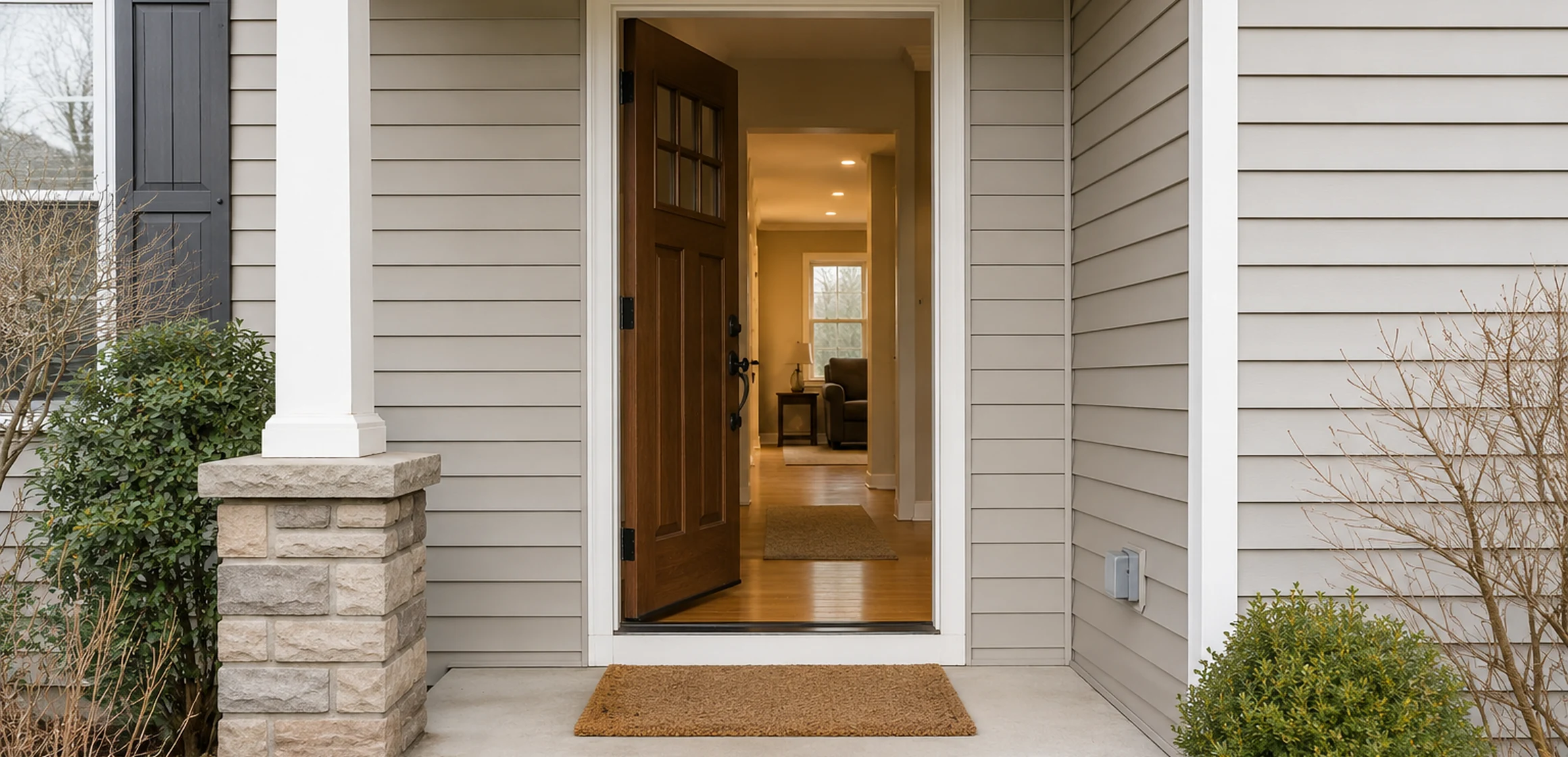 A tidy front porch and open entryway ready for visitors