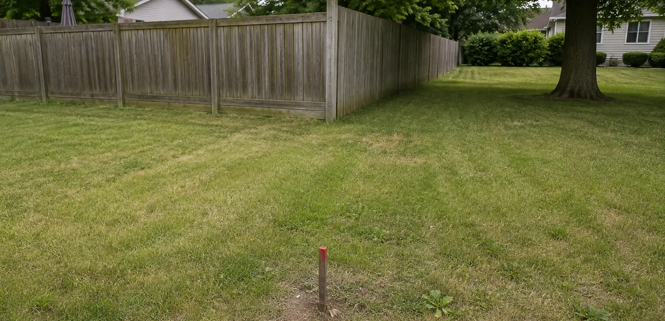 A fence line and survey marker where two mown back yards meet