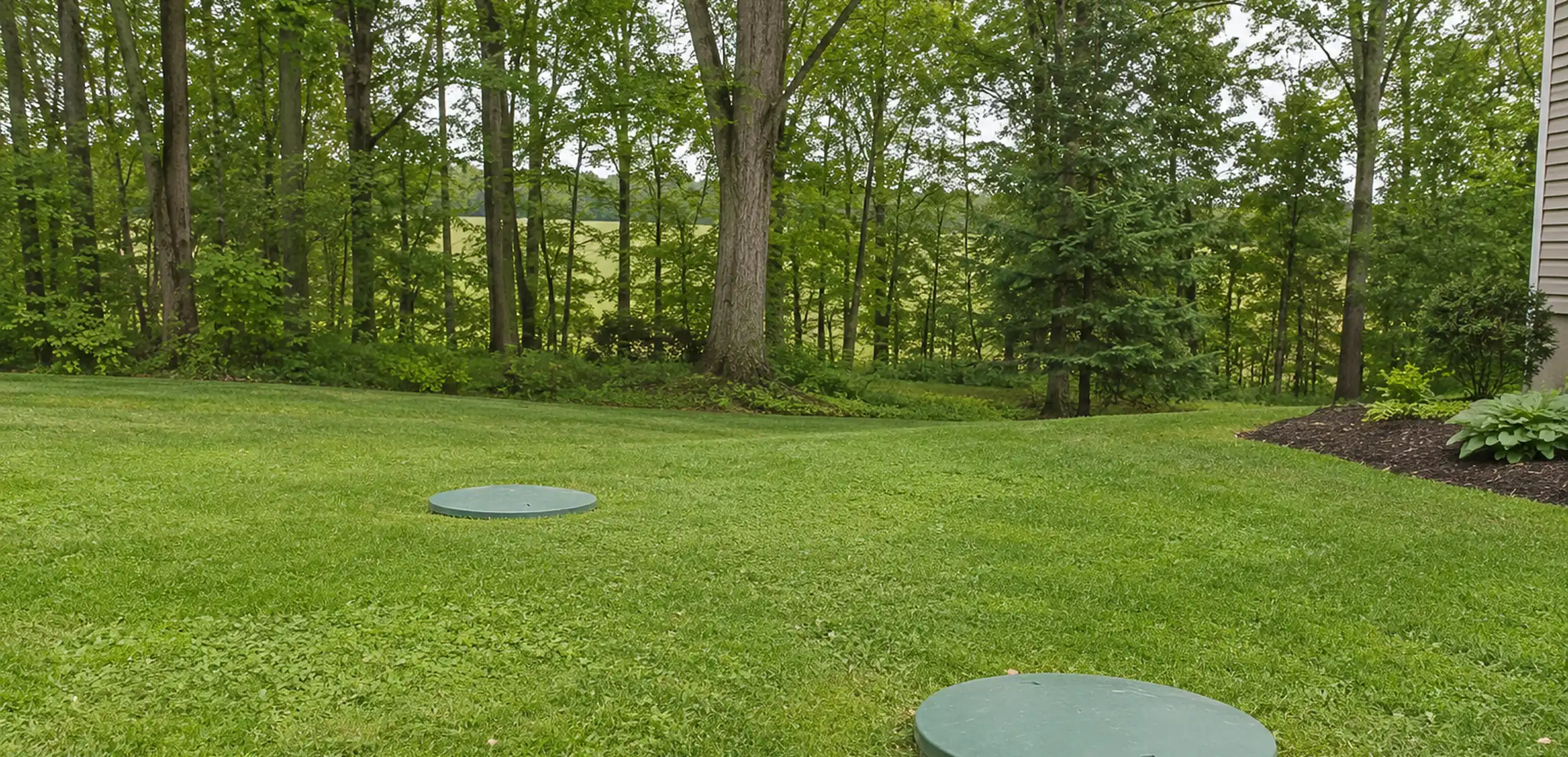 Septic access lids set in a mown rural lawn in Washtenaw County
