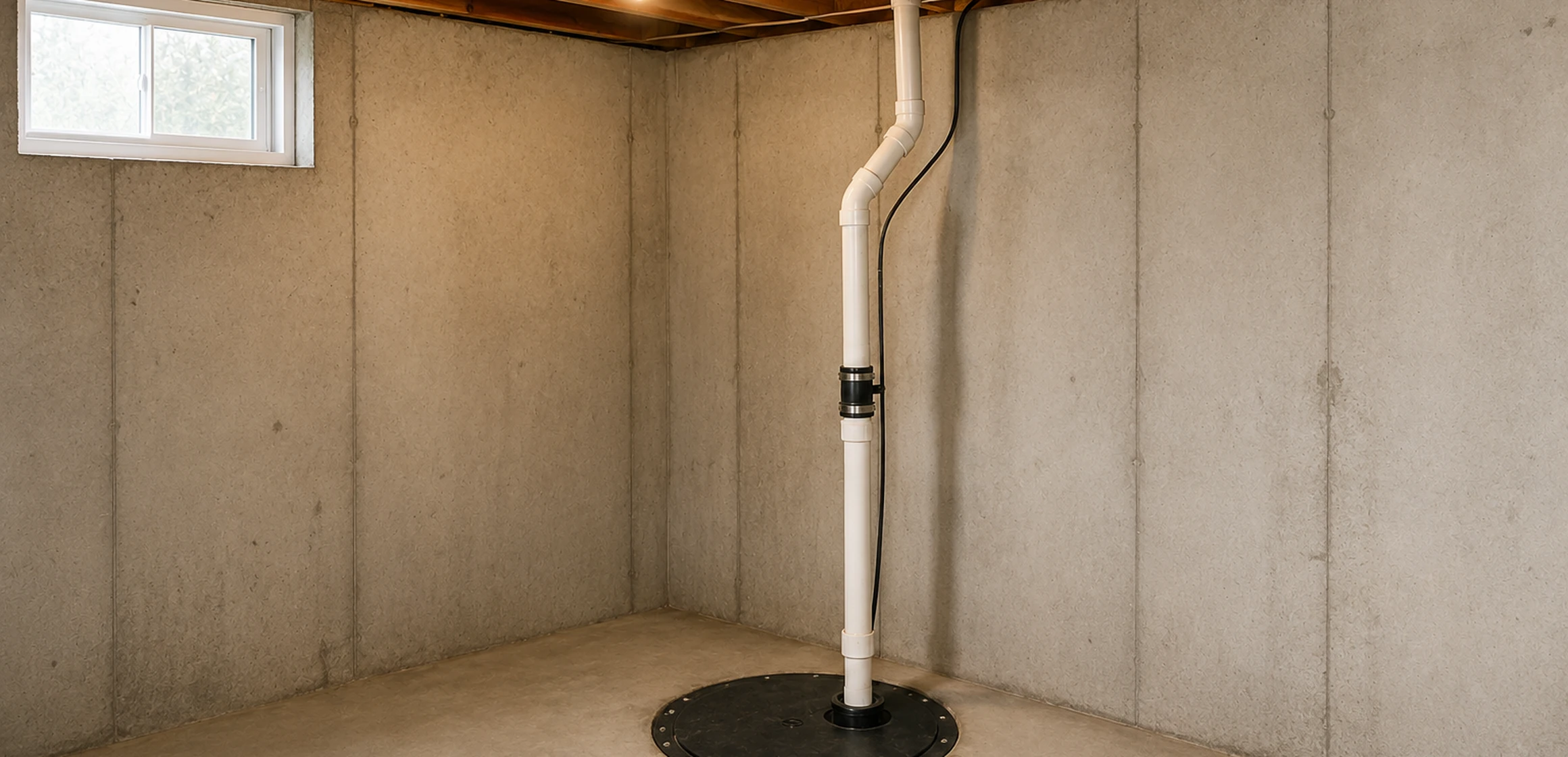 A sump pit and PVC discharge line in a block-foundation basement