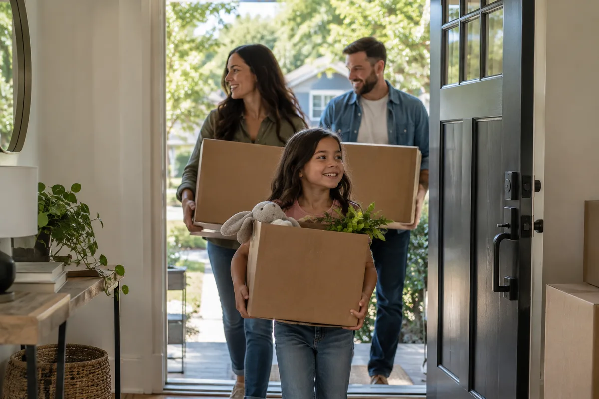 Illustrative scene of a family carrying moving boxes into a home