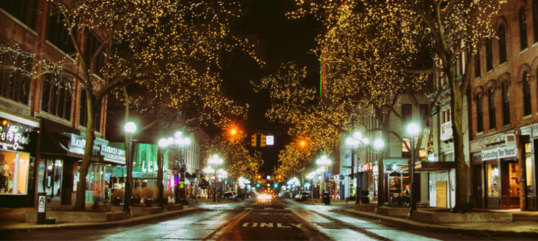 Downtown Ann Arbor streetscape at night